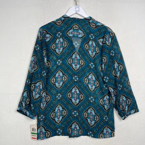 NWT Charter Club Teal V-Neck Button Up Tuxedo Pleated Blouse Tunic Large Petite - Picture 10 of 16